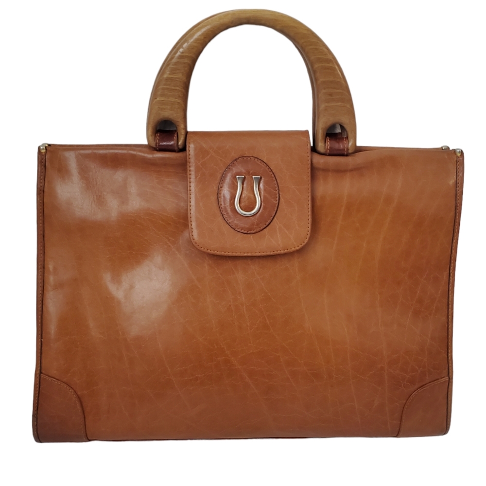 Vintage Caggiano Brown Leather Wooden Handles Purse Satchel Handbag